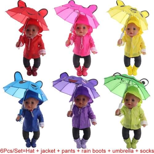 Raincoat suit 6 Pcs/Set=Jacket+Umbrella+Boots+Hat+Pants+Shirt Fit 18 Inch American Doll&43 CM Baby Doll Clothes,Our Generation