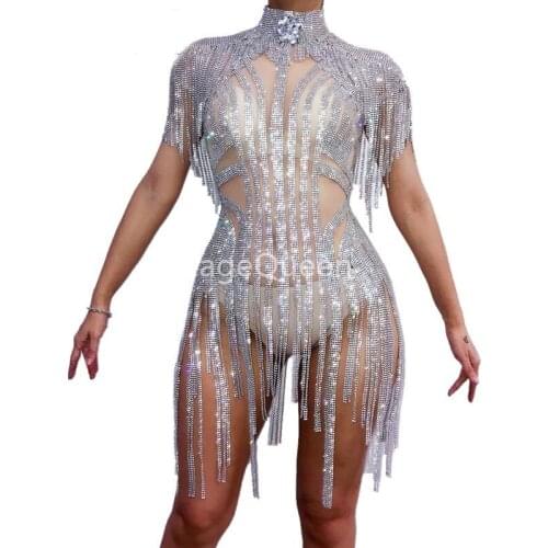 Bling Silver Rhinestones Fringes Bodysuit Birthday Celebrate Costume Female Singer Bling Tassel DS DJ Leotard Stage Dance Wear