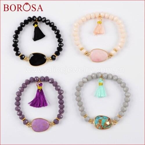 BOROSA 5PCS Gold Color Mix Colors Natural Tur-quise & 8x6mm Faceted Glass Beads & Tassel Bracelet Bangle for Women Jewelry G1503