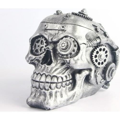 BUF Silver Mechanical Gear Skull Statue Resin Craft Punk Style Home Decoration Sculpture Halloween Party Decor Ornaments Gifts