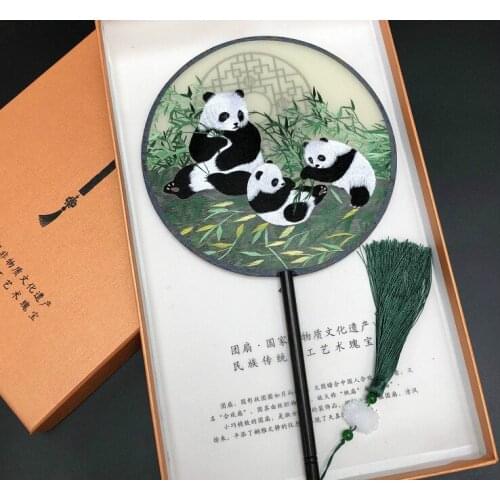 Double- side Suzhou Embroidery Craft Hand Fan Desktop Decor Supplies Chinese Handle Fan Panda Small Screen Exquisite Gifts LF579