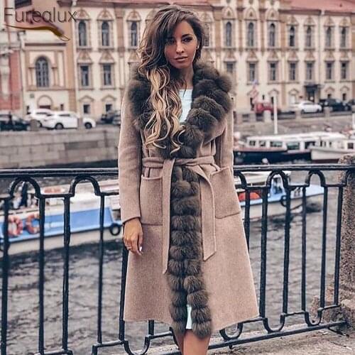 FUREALUX Real Woolen Fur Coat With Natural Sable Color Fox Fur Collar Fashion Casual Lace Street Style Womens Autumn Winter