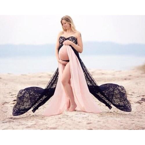 Lace Long Maternity Photography Prop Dresses Sexy Split Front Pregnancy Dress Photo Shoot For Pregnant Women Maxi Maternity Gown