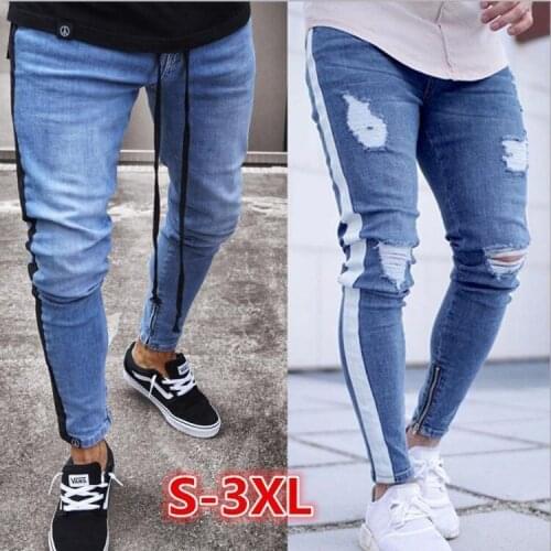 Mens trend knee hole zipper foot hole burst models jeans mens small foot jeans weaves trousers foot zipper jeans exclusively