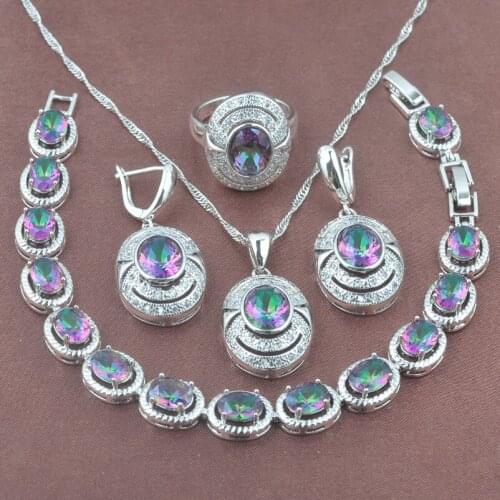2020 New Bridal Jewelry Set Natural Rainbow Zirconia Women Silver Color Earrings Necklace Pendant Rings Bracelet YZ0102