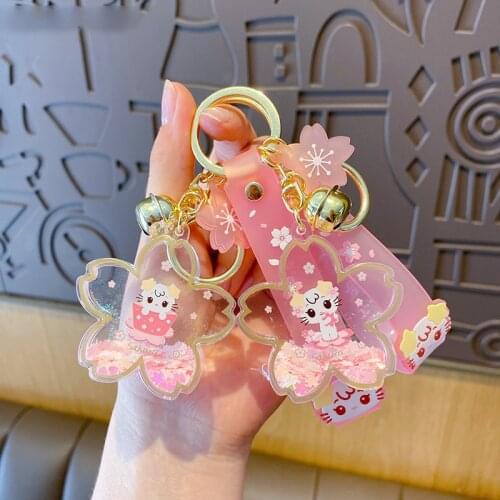 New Cartoon Liquid Cherry Blossoms Quicksand Sequins Keychain Cute Sakura Cat Liquid Quicksand Keychain Women Car Bag Pendant