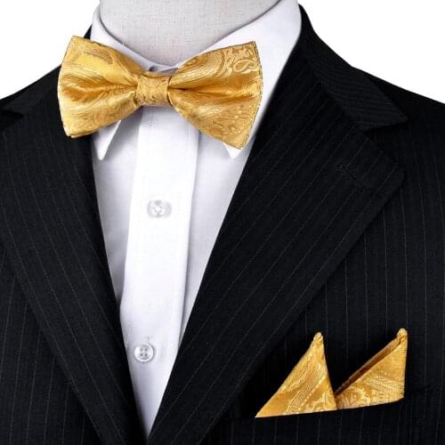 Paisley Floral Yellow Pre-tied Gold Tuxedo Bow Tie Set For Men 100% Silk Handkerchieves Adjustable Fashion Casual Party Wedding