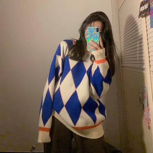 Women Argyle Panelled Knitted Pullovers Round Neck Vintage Sweaters Loose Korean Lazy Style Casual Fashion Sweet Autumn Sweaters