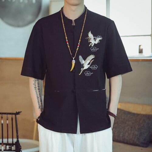 Summer Cotton Linen Traditional Chinese Clothing For Men Vintage Short Sleeve Shirts Madarin Collar Hanfu Kung Fu Clothes 30384