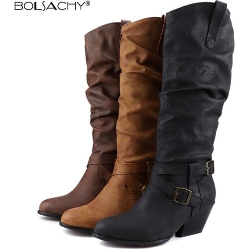 Retro Ladies Knee High Boots Women Round Toe Thick heel Autumn Winter Platform Long Boots Knee Knight Boots Western boots Black