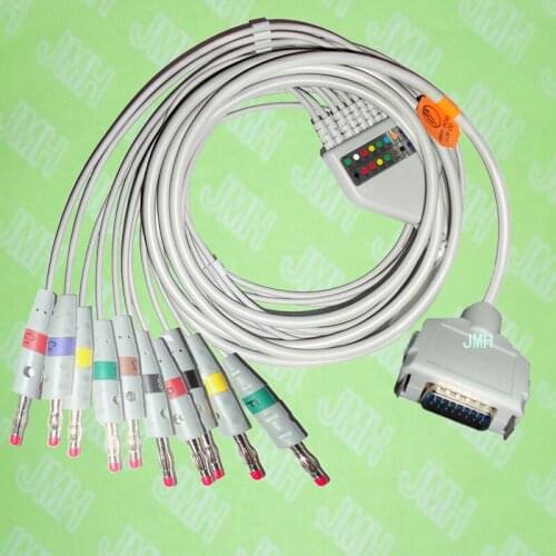 Compatible with Fukuda,Customed,Bosch EKG 10 lead,One-piece ECG cable and leadwires,15PIN,4.0 red Banana,IEC or AHA