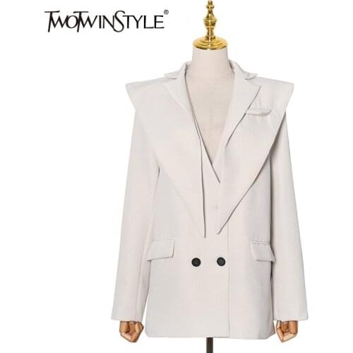 TWOTWINSTYLE White Blazers For Women Notched Long Sleeve Loose Plus Size Pockets Solid Coats Female 2021 Spring Clothing Fashion