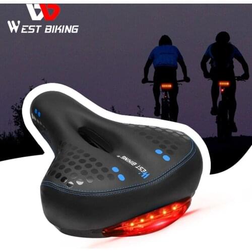 WEST BIKING Bicycle Saddle with Tail Light Thicken Widen MTB Soft Comfortable Bike Hollow Cycling Rear Seat Warning Lamp 3 Modes