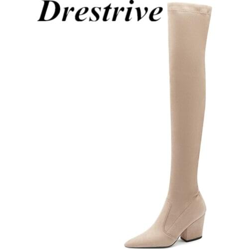 Drestrive Elasticity Flock Women Over Knee High Boots Pointed Toe Khaki 2021 Winter Shoes Thick High Heels Big Size 41 Zipper