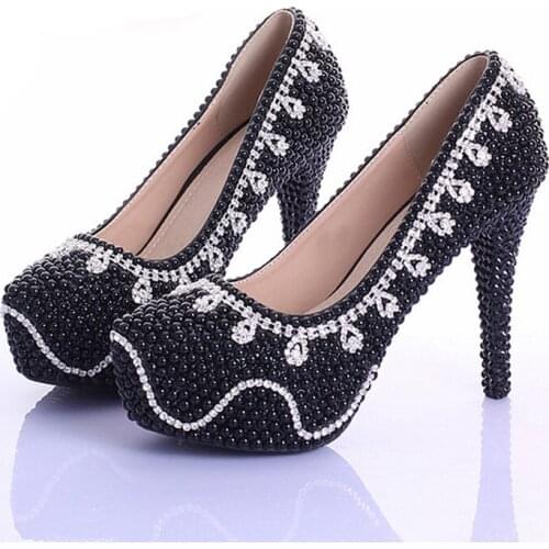 Spring Black Pearl Crystal Bridal Shoes Women Evening Party Dress Shoes Wedding Pumps Platform Rhinestone Bling Dress Prom Shoes