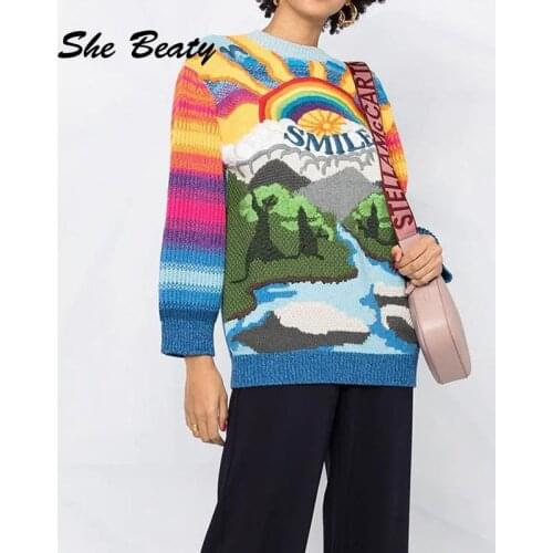 She Beaty Women Sweater 2021 Autumn Winter Vintage Rainbow Embroidery Letters Loose Casual High Street Sweet Jumper Knitted Tops