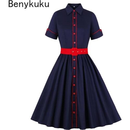 Turn-Down Collar Button Up Vintage 50s 60s Shirt Dress Summer Short Sleeve Women Rockabilly Cotton Tunic Elegant Pleated Dresses
