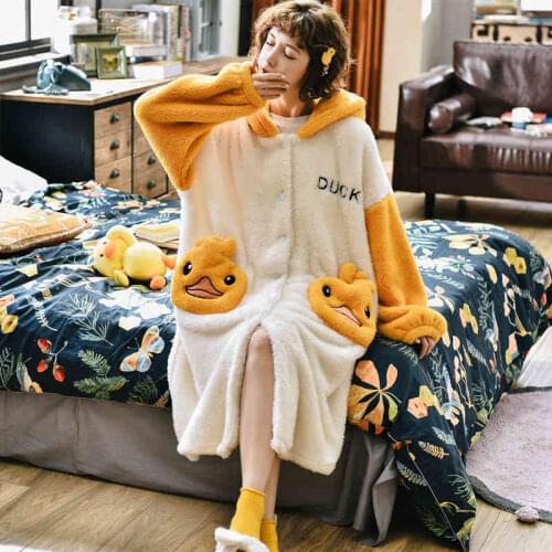 Winter Women Robes Coral Velvet Sleepwear Girl Cartoon Cute Warm Hooded Loose Long Bath Bathrobe Female Night Dressing Gown 1568