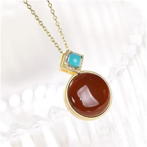 S925 Sterling Silver Natural South Red Turquoise Personality Peace Buckle High-Grade Ladies Sweater Chain Pendant Sets Clavicle