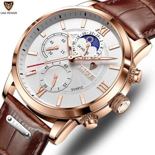 LIGE Men Watches 2021 New Fashion Leather Waterproof Luminous Top Brand Luxury Mens Quartz Wristwatch Men Relogio Masculino+box