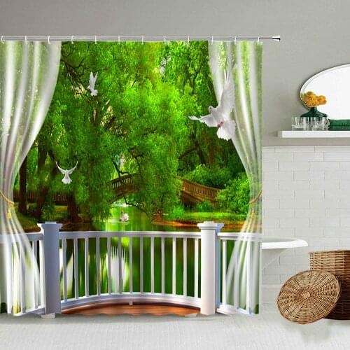Atural Scenery Shower Curtain Window View Forest Waterfall Ocean Green Plants Bathroom Waterproof Curtains Home Decoration