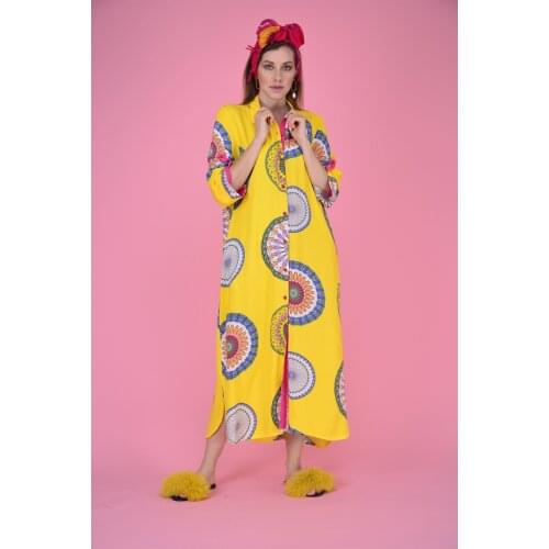 Mandala Patterned Lemon Yellow Color Viscose Fabric Long Shirt Dress 2021 New Fashion Womens Clothing Collections