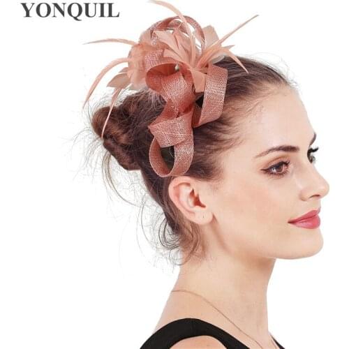 Elegant Bride Wedding Headwear Women Marriage Sinamay Hats Fascinators Headband Feather Flower Fashion Party Hair Accessories
