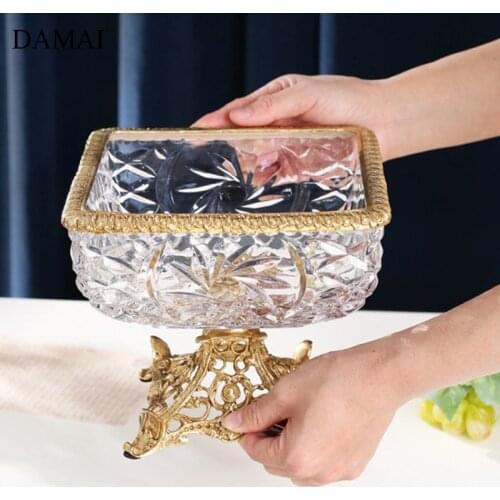 European Vintage Copper Bottom Plates Square Crystal Glass Fruit Snacks Diplay Trays Afternoon Tea Salad Bowl Food Storage Tray