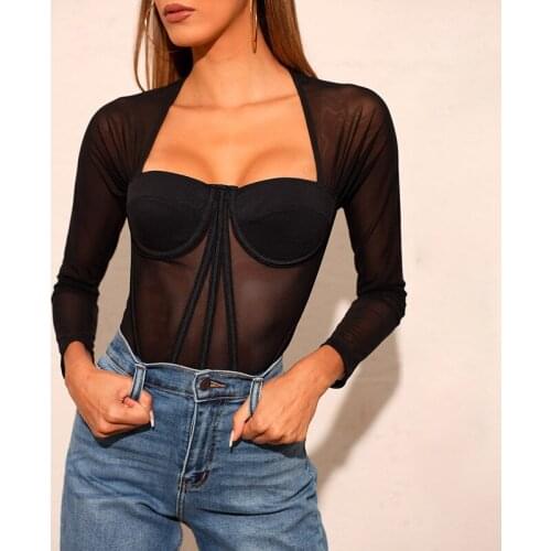 QuanRun Sexy Fashion Women Long Sleeve Lace Mesh Perspective Square Neck T Shirt Femmal Tops Party Club Streetwear 2021