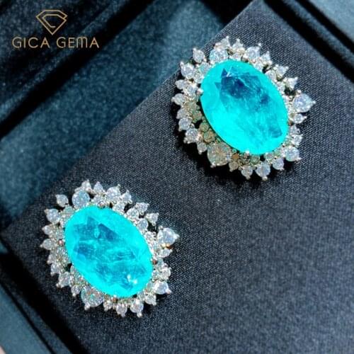 GICA GEMA Blue Green Tourmaline Earrings For Women Real 925 Sterling Silver 10*14mm Oval Vintage Ear Stud Wedding Jewelry