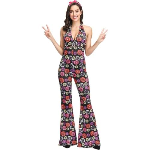 Halloween Carnival Party 60s 70s Retro Hippie Disco Costume Adult Women Vintage Hanging Neck Jumpsuit