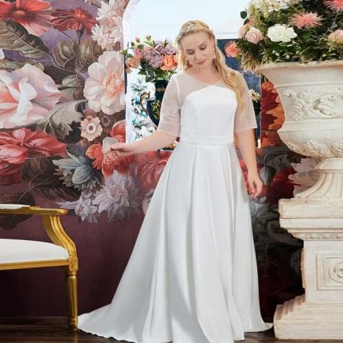 Lace V-Neck Simple Evening Dress White Fashion Empire Short Sleeves Zipper Back Floor-Length Plus Size Women Formal Gowns D1053