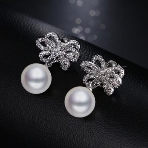 Emmaya Fashion Simulated Pearl Earring White Gold Color CZ Bridal New Arrival Bowknot Casual Wearing Earrings For Women