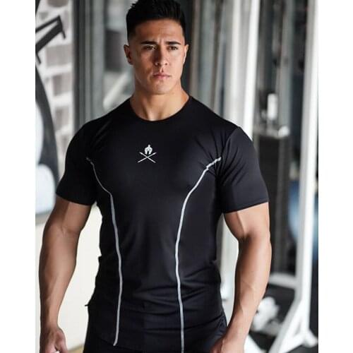 T Shirt Men Cotton Short Sleeve Shirt Bodybuilding Jogger Sports Tshirts Curved Hemline O-Neck