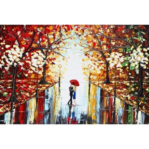 Handmade Modern Art Abstract Painting Couple Red Umbrella Dancing Rain City Park Large Streetscape Knife Oil Painting on Canvas