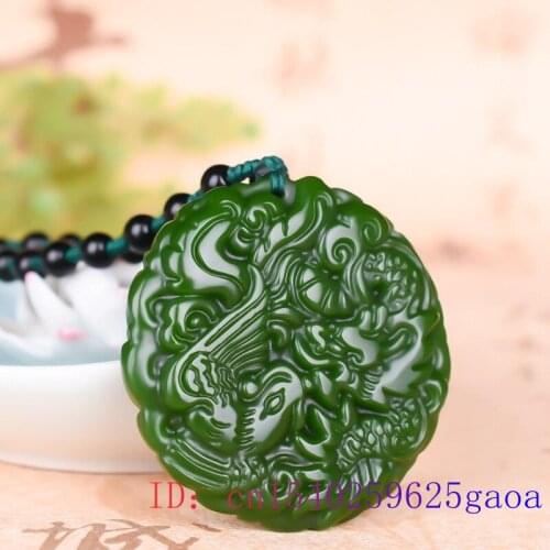 Natural Green Jade Dragon Phoenix Pendant Necklace Gifts Carved Charm Hand Chinese for Jewelry Men Amulet Jadeite Women Fashion