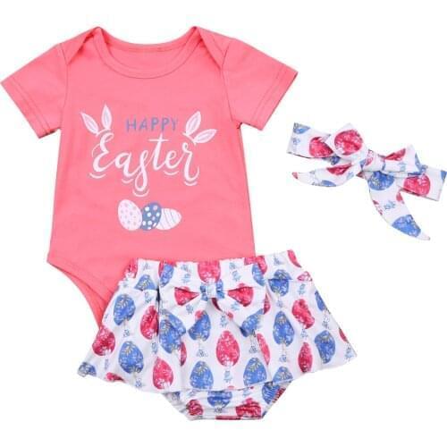 OPPERIAYA Egg Print Clothes Summer lovely Set Baby Girls Short Sleeve round neck Bodysuit Shorts with Ruffle+Bow-knot Headband