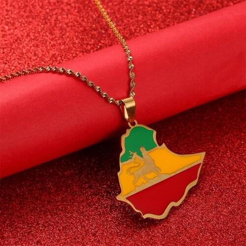 Ethiopian Flag & Lion Map Pendant Necklaces Women Men Jewelry Gold Color Africa Maps Ethiopia Lion Necklace Bijoux Femme