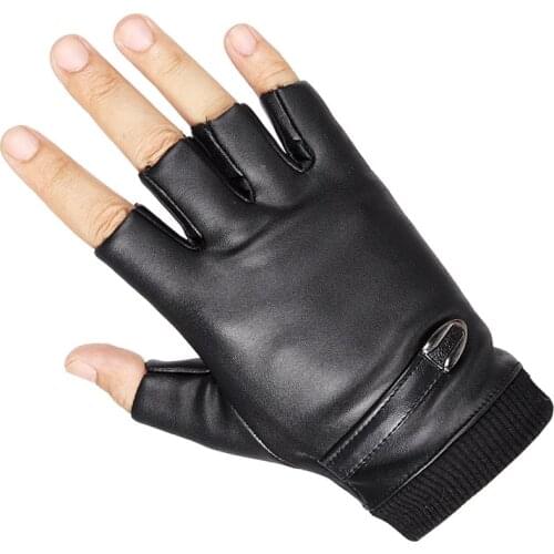 Fingerless Gloves Men PU Synthetic Leather Autumn Winter Gloves Black Tactical Half Finger Cycling Fitness Gloves Knitted Rib