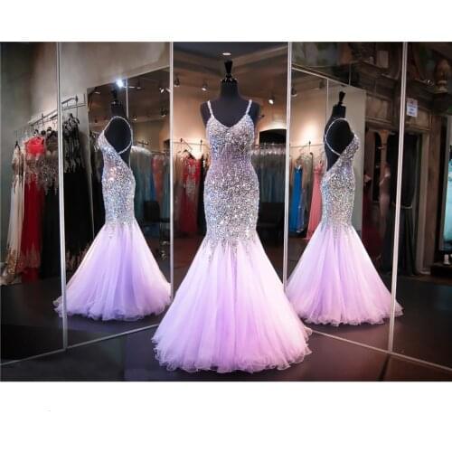 Lilac Beaded Mermaid Prom Dress Sweetheart Neckline Open Back Bling Bling Spaghetti Straps Evening Gown Sheer Pageant Dress