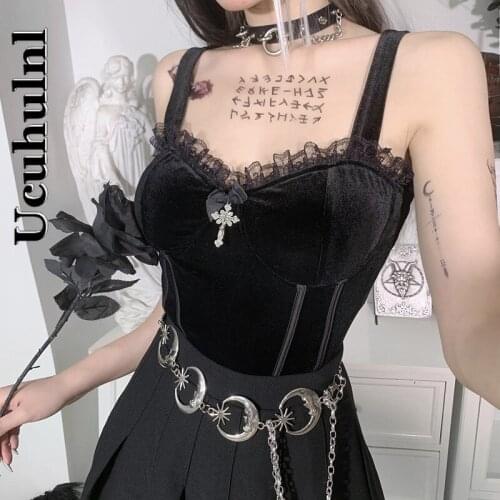 Ucuhulnl Goth Aesthetic Velvet Bow Zipper Basic Crop Tops Vintage Lace Trim Black Camis Gothic Cross Sexy Backless Corset Tops