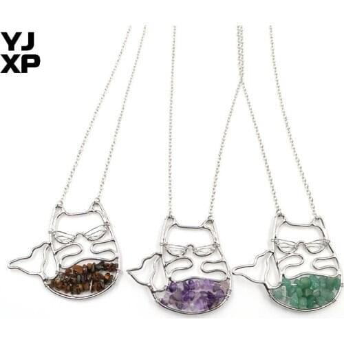 YJXP 1 Pcs Silver Plated Fortune Cat Pendant Necklace Natural Amethys Black Agates Gravel Stone Handmade Women Charms Jewelry