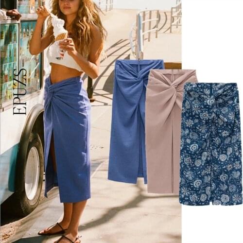 Women midi skirts vintage Ruched flore print long skirt boho high waist Slit Elegant Skirt 2021 korean fashion women clothing