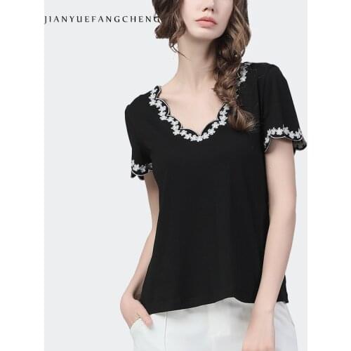 Fashion Embroidery Short Sleeve Cotton Tops Women 2021 Summer New Loose O-Neck Plus Size Elegant Office T-Shirt Casual Tees