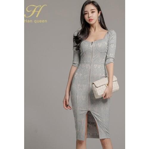 H Han Queen 2021 Spring Sexy Club Zipper Split Print Pencil Dress Korean chic Office Lady Party Elegant OL Simple Series Dresses