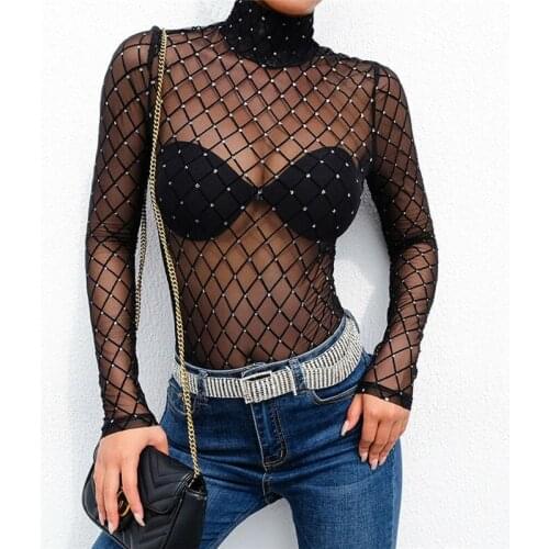 Sexy Black Sheer Mesh Bodysuits 2020 Fashion Summer Long Sleeve Turtleneck Shinny Bodysuit