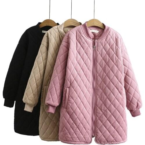 2020 Plus size Vintage Corduroy Cotton Coat Women Winter Parka Loose Casual Stand collar Cotton Jacket Winter Outerwear KW110