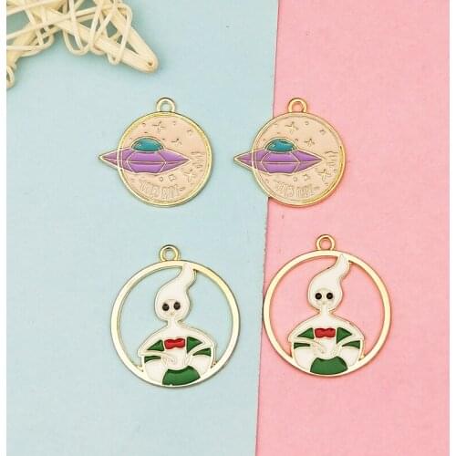 10pcs Enamel Metal Charms Oil Drop Alien Spaceship Tag Pendants Special Design Charms Fit Earring Bracelet DIY Jewelry Accessory