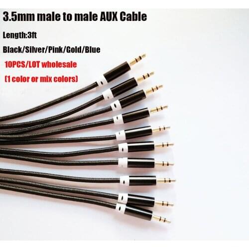 10pcs/lot wholesale 3.5mm Stereo Nylon 3ft Aux Cable metal gold Audio Cable Jack Male to Male For Car Headphone Speaker Computer