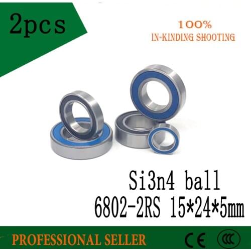 Free shippng 2PCS 6802 2RS Si3N4 hybrid Ceramic Ball Bearing Rubber Sealed 61802 Bike Parts 15x24x5mm 6802 rs